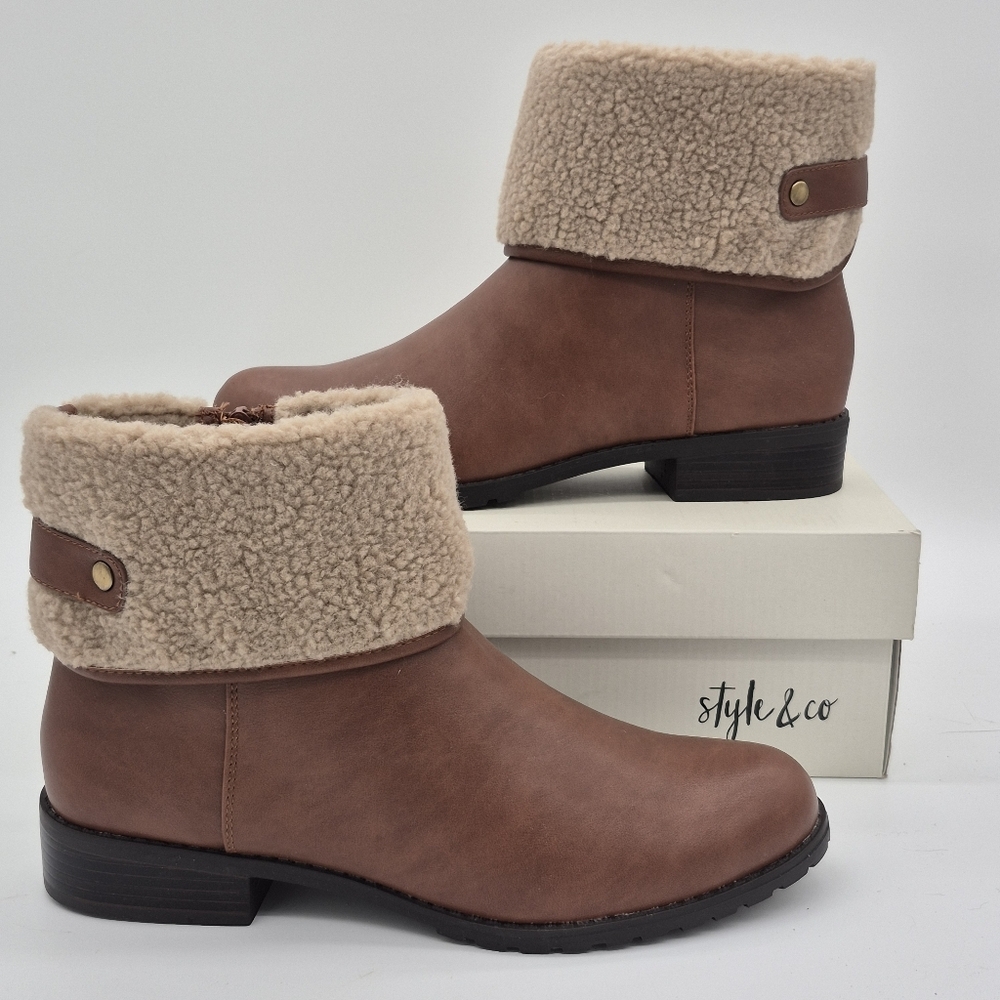 Style & Co  Women's 10 M Brown Leather Faux Fur Flat Ankle Boots